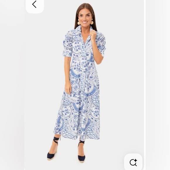 Tuckernuck China Blue Porcelain Eyelet Cotton Button Front Midi Dress Size S - Picture 3 of 15